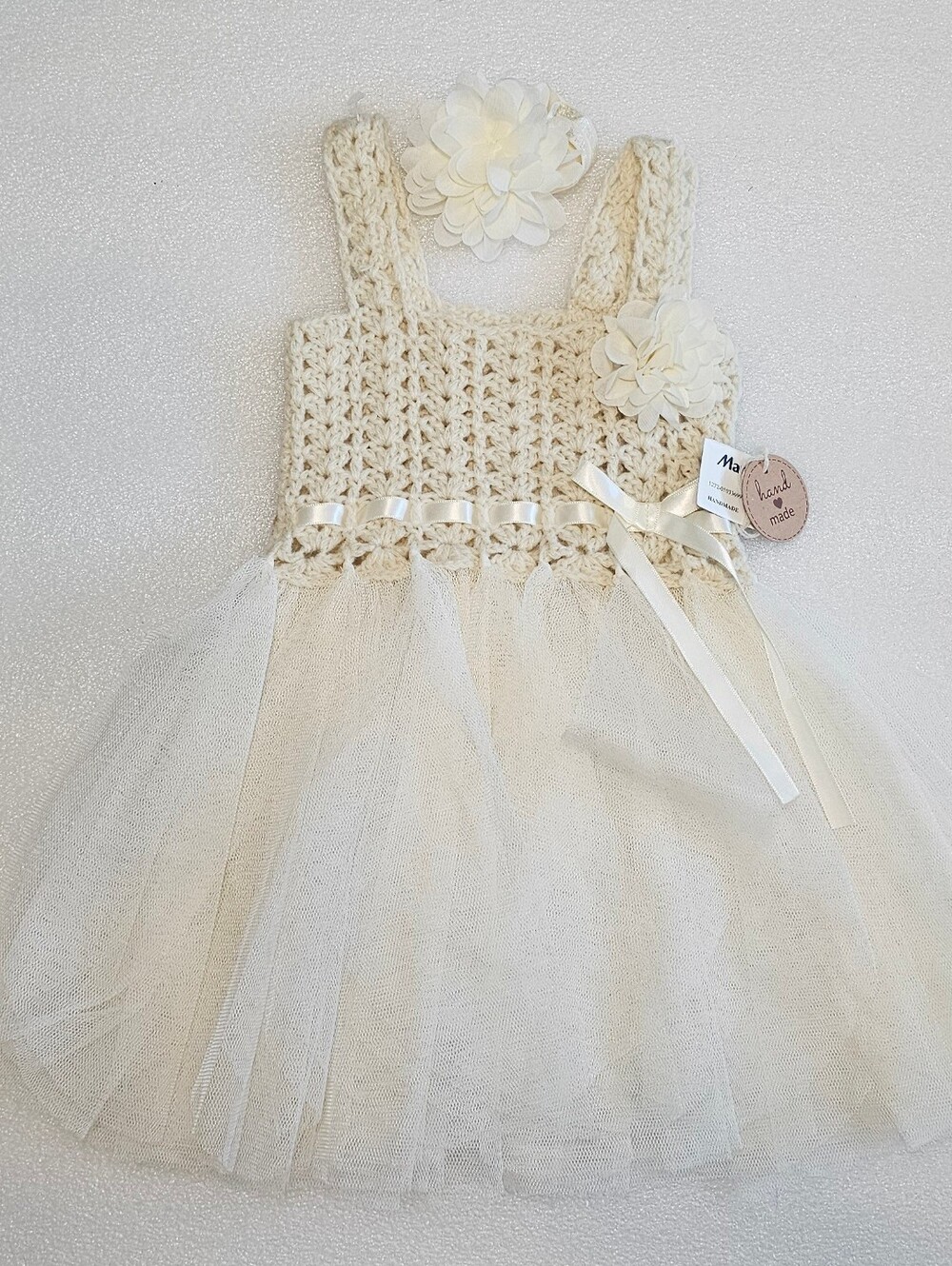 Elly & Emmy Baby cream color 2- Piece Crochet Handmade Tulle Dress 0-6 Months